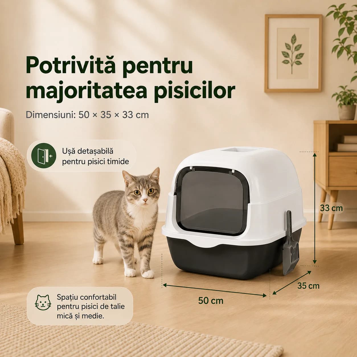 Pisică adultă lângă Litiera Trio în modul acoperit, cu ușa detașabilă